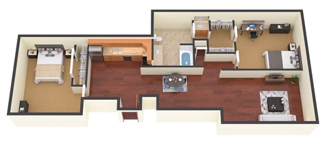 a 3d floor plan with a bedroom and living room